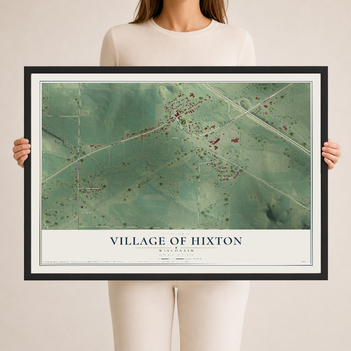 Map of Hixton, Wisconsin, 24 x 36 inch print in a black wood frame