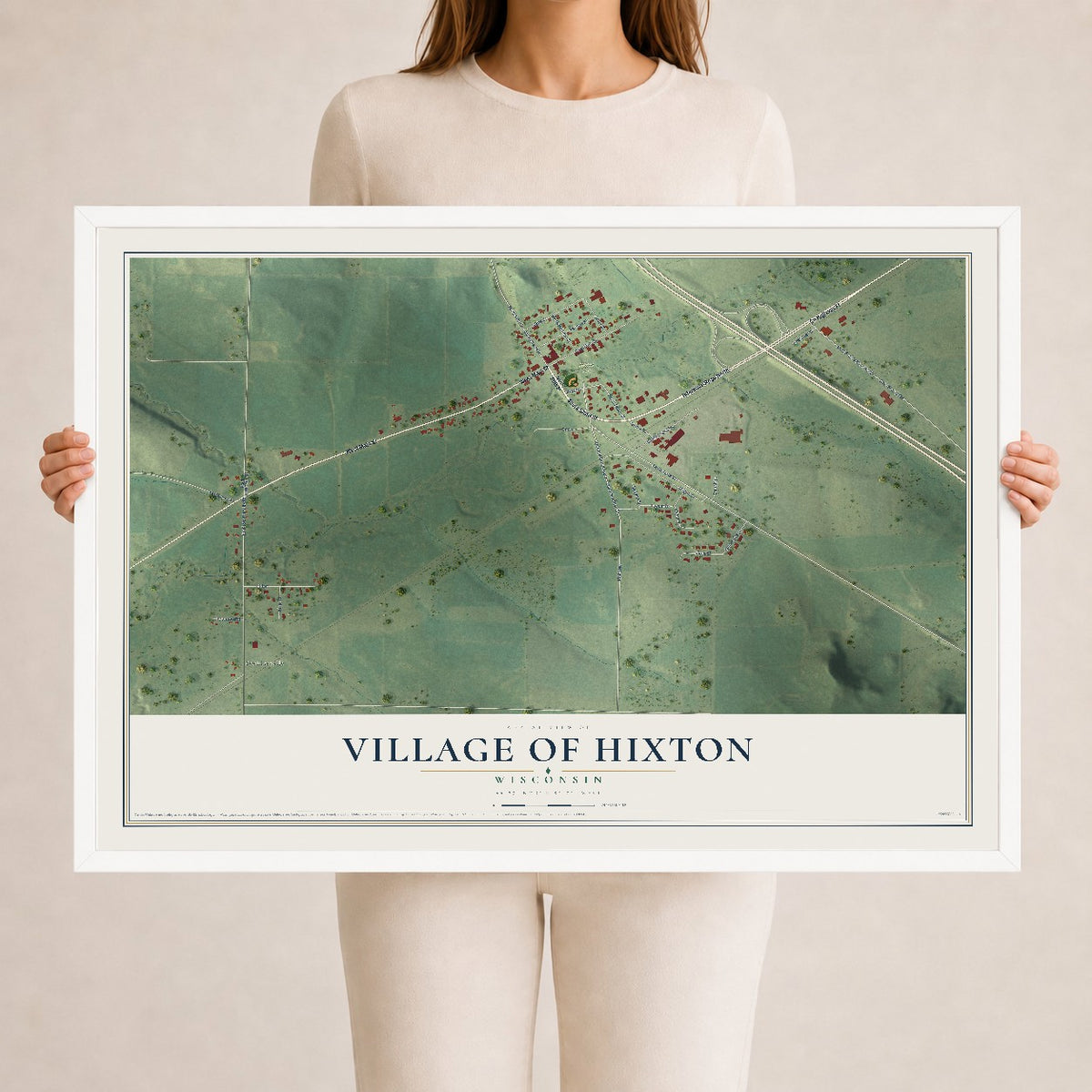 Map of Hixton, Wisconsin, 24 x 36 inch print in a white wood frame