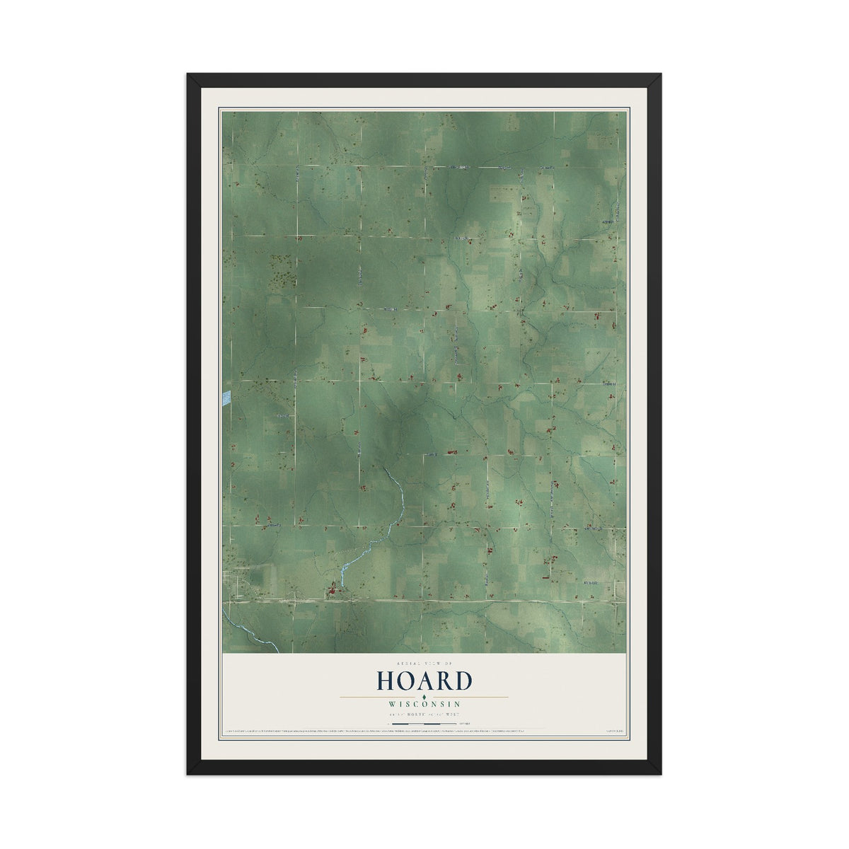 Map of Hoard, Wisconsin, 12 x 18 inch print in a black wood frame
