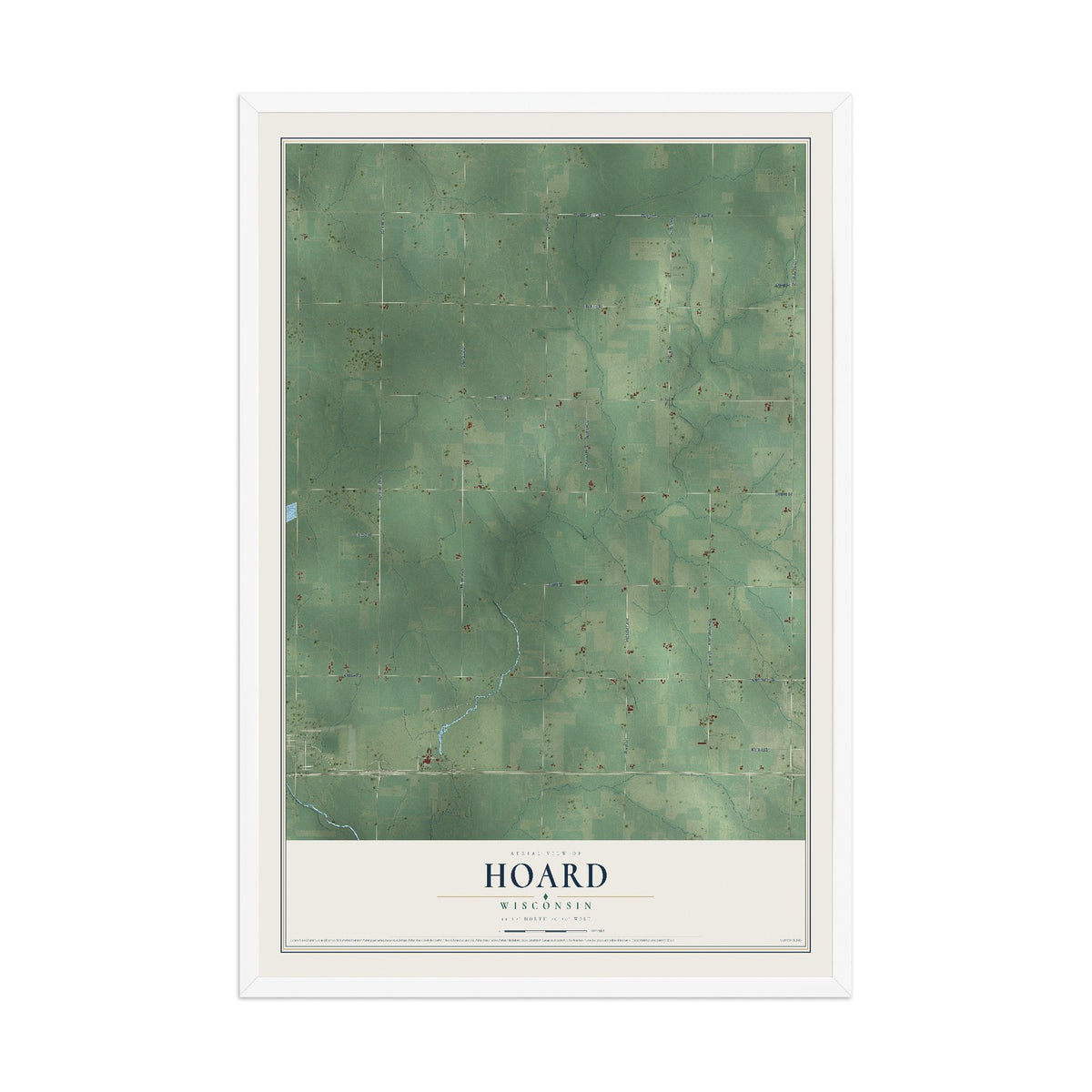 Map of Hoard, Wisconsin, 12 x 18 inch print in a white wood frame