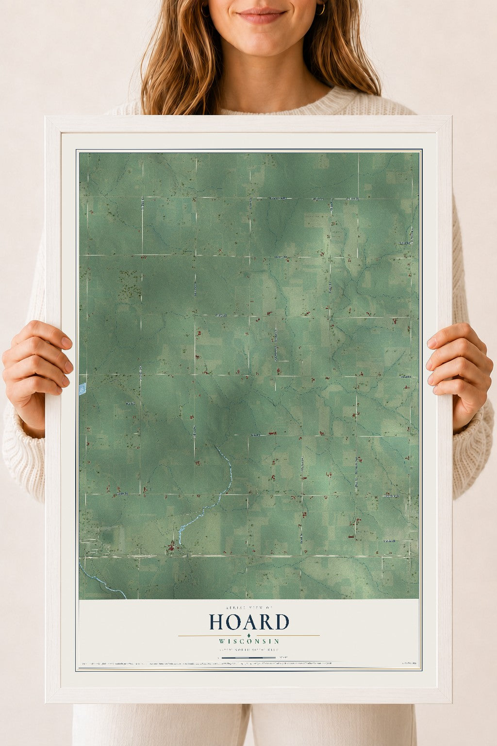 Map of Hoard, Wisconsin, 18 x 24 inch print in a white wood frame
