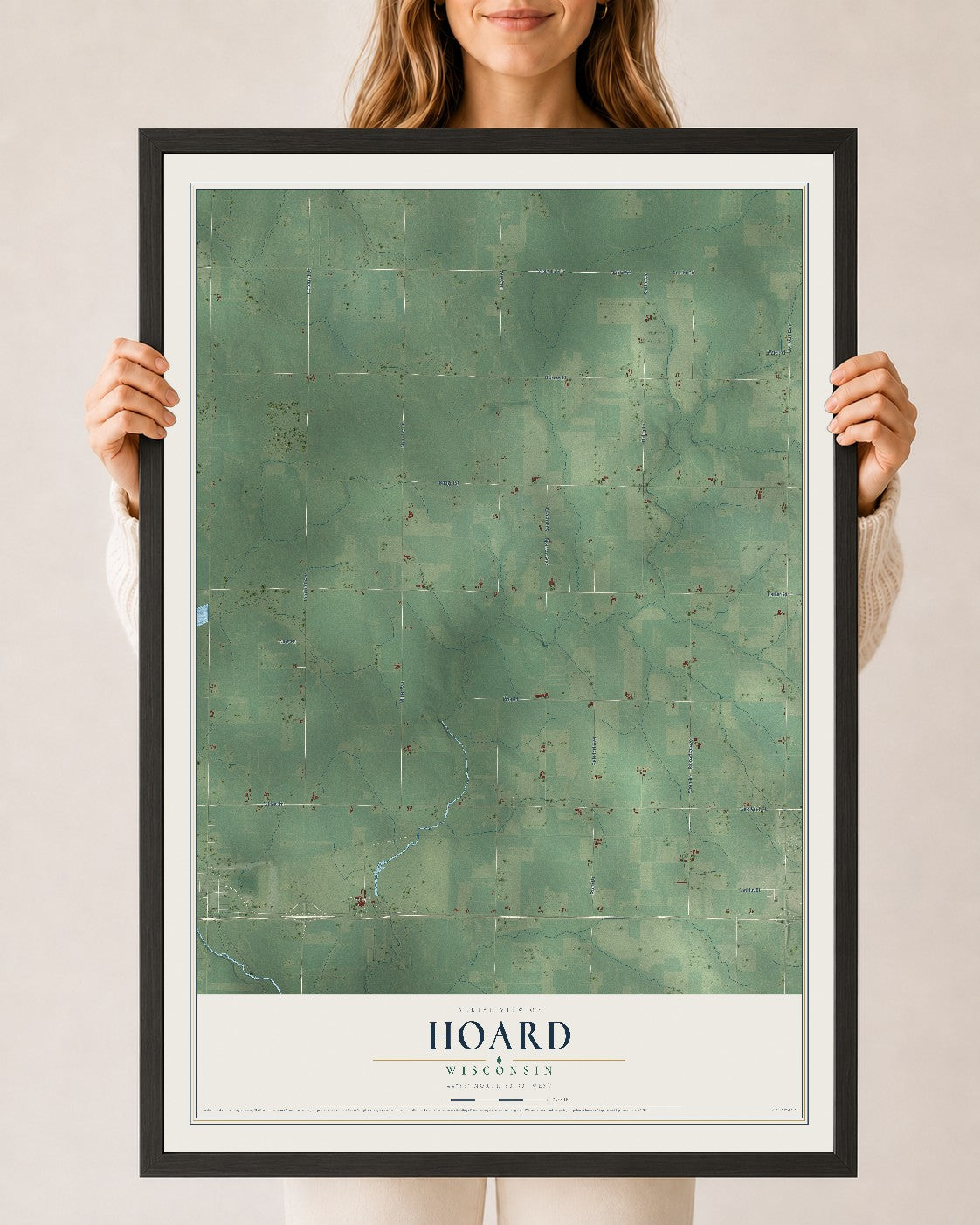 Map of Hoard, Wisconsin, 24 x 36 inch print in a black wood frame