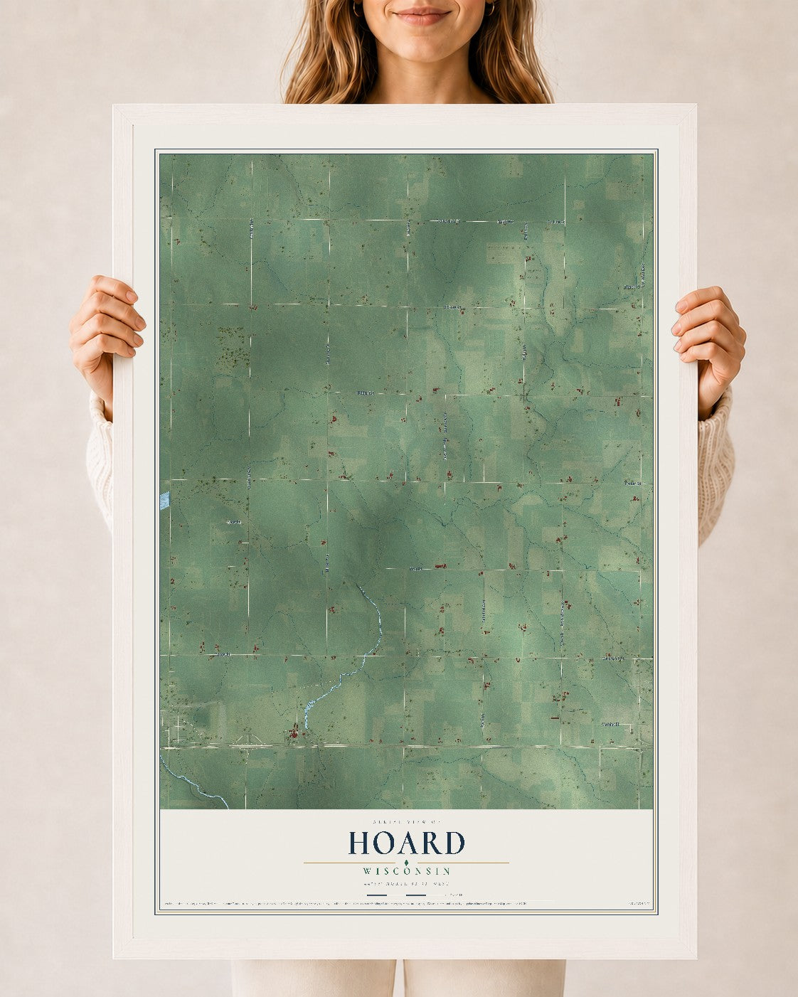 Map of Hoard, Wisconsin, 24 x 36 inch print in a white wood frame