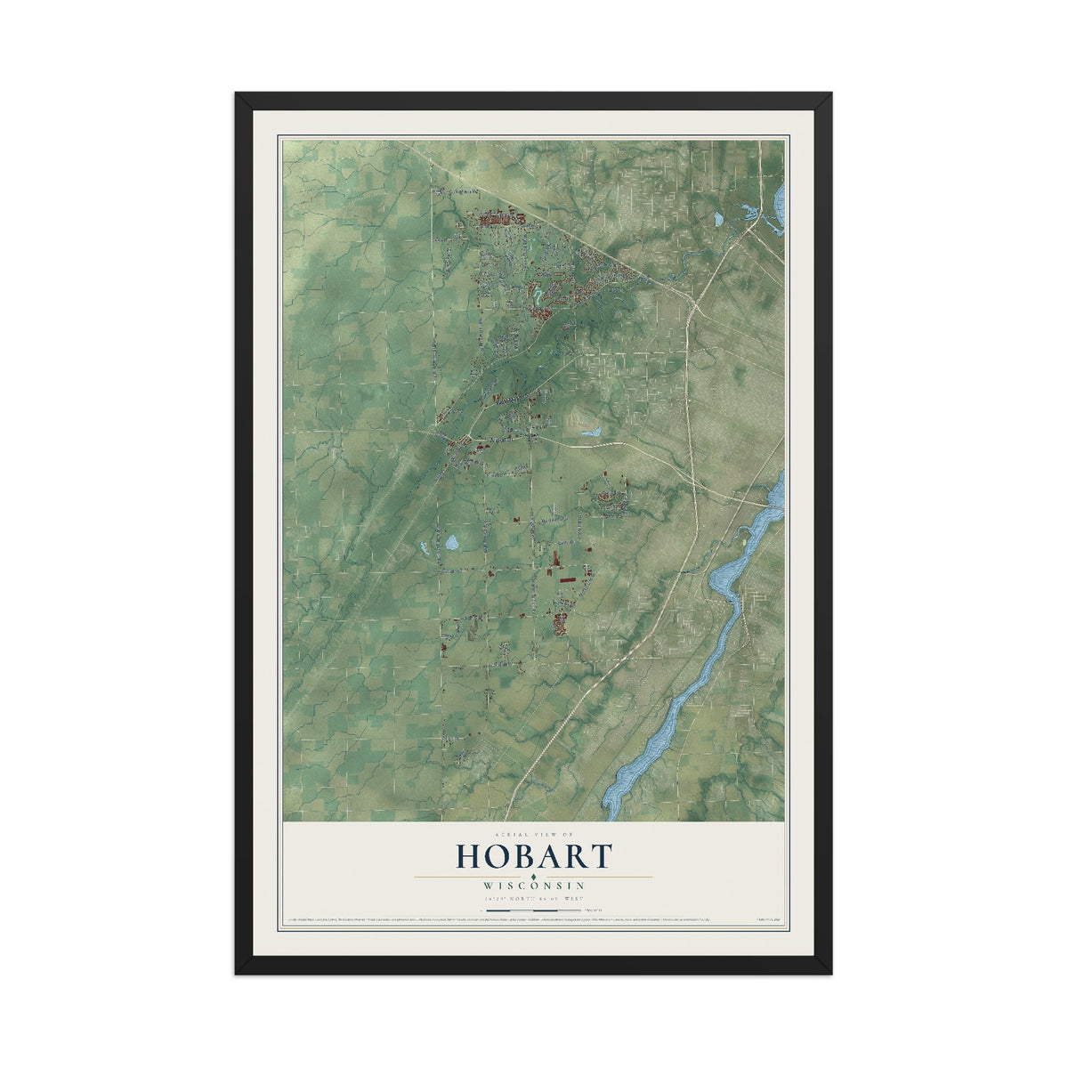 Map of Hobart, Wisconsin, 12 x 18 inch print in a black wood frame