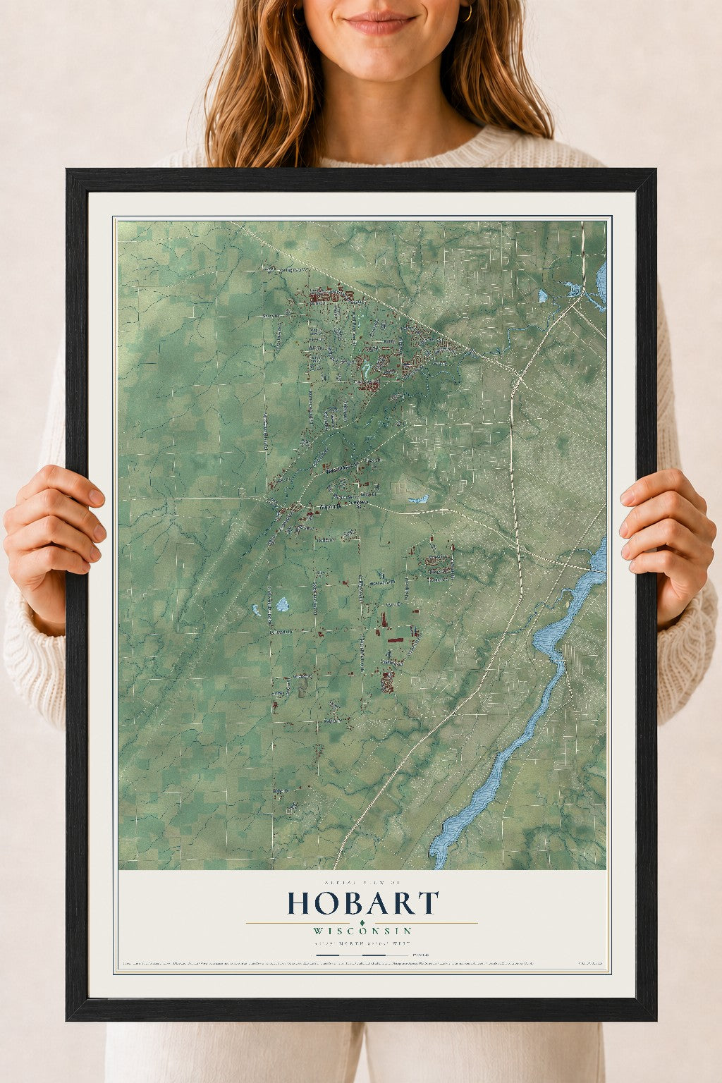Map of Hobart, Wisconsin, 18 x 24 inch print in a black wood frame
