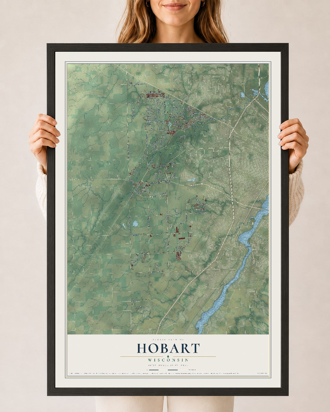 Map of Hobart, Wisconsin, 24 x 36 inch print in a black wood frame