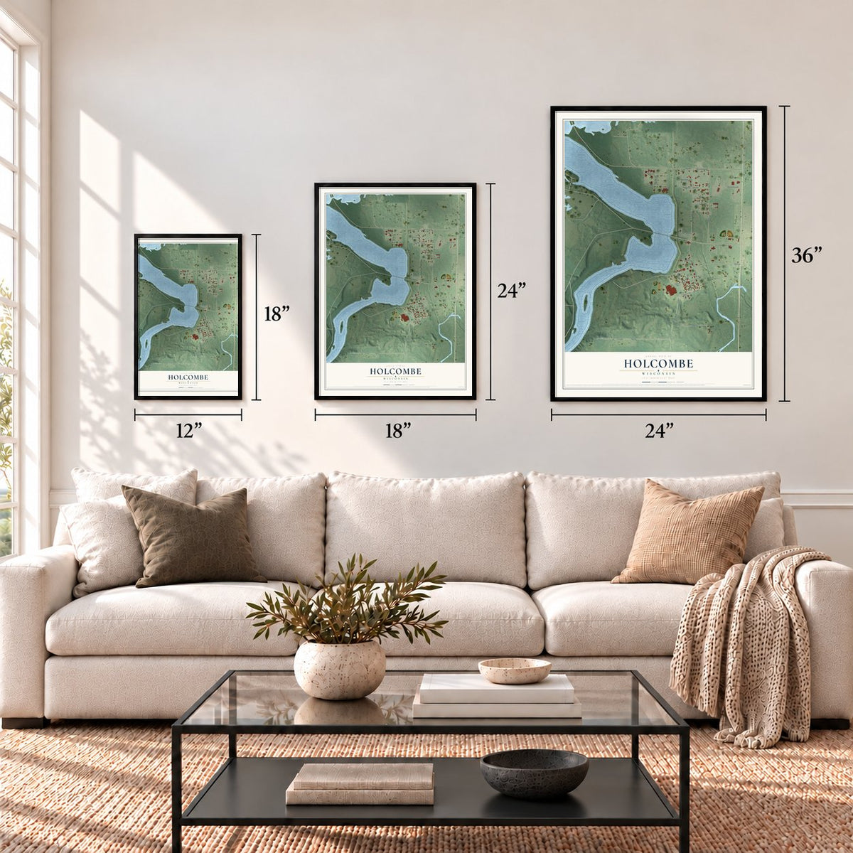 Holcombe, Wisconsin map in 12 x 18, 18 x 24 and 24 x 36 inch sizes above a sofa