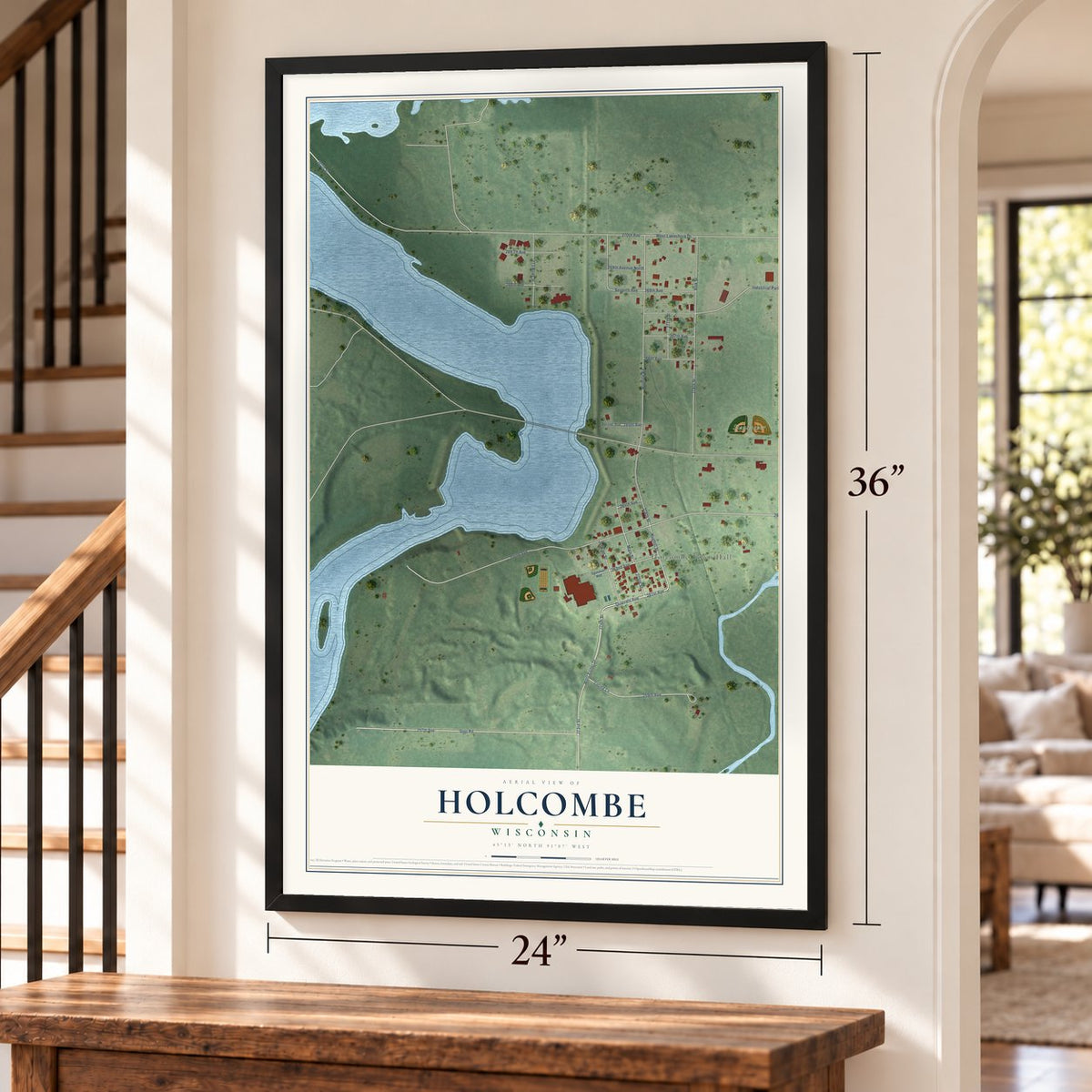 Holcombe, Wisconsin map, 24 x 36 inch print in a black frame by a staircase