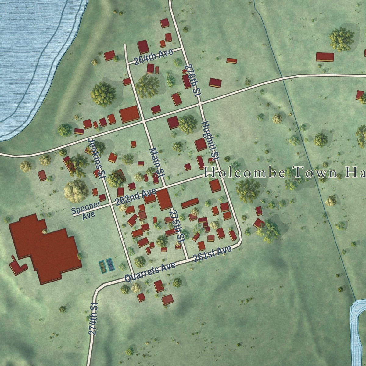 Close-up of the map of Holcombe, Wisconsin print showing street and building detail