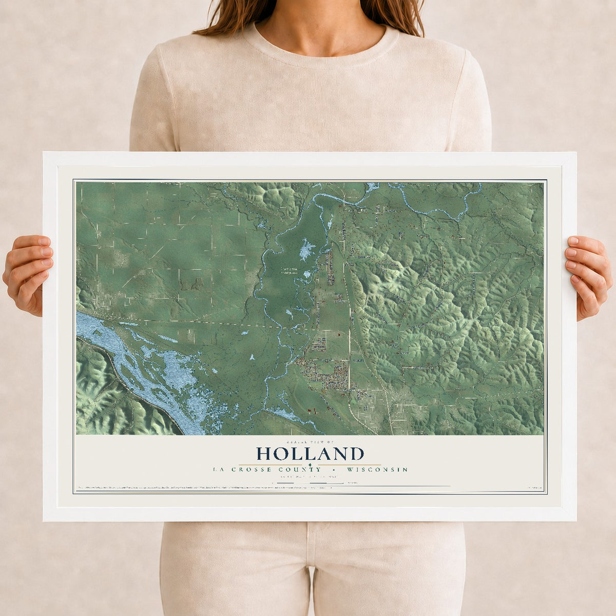 Map of Holland, La Crosse County, Wisconsin, 12 x 18 inch print in a white wood frame