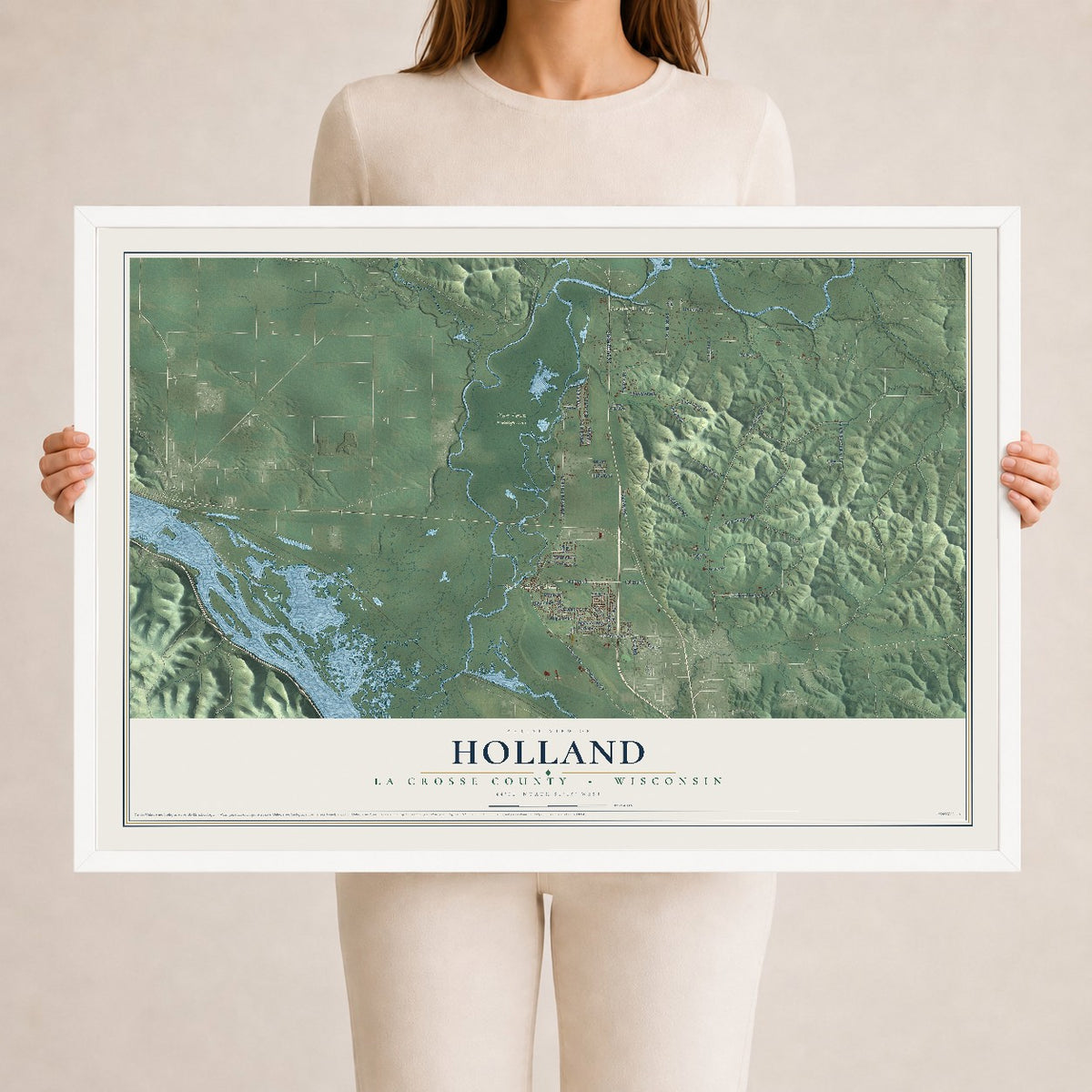 Map of Holland, La Crosse County, Wisconsin, 24 x 36 inch print in a white wood frame