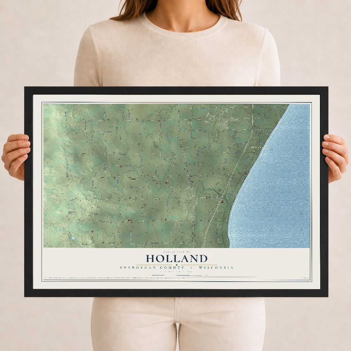Map of Holland, Sheboygan County, Wisconsin, 12 x 18 inch print in a black wood frame