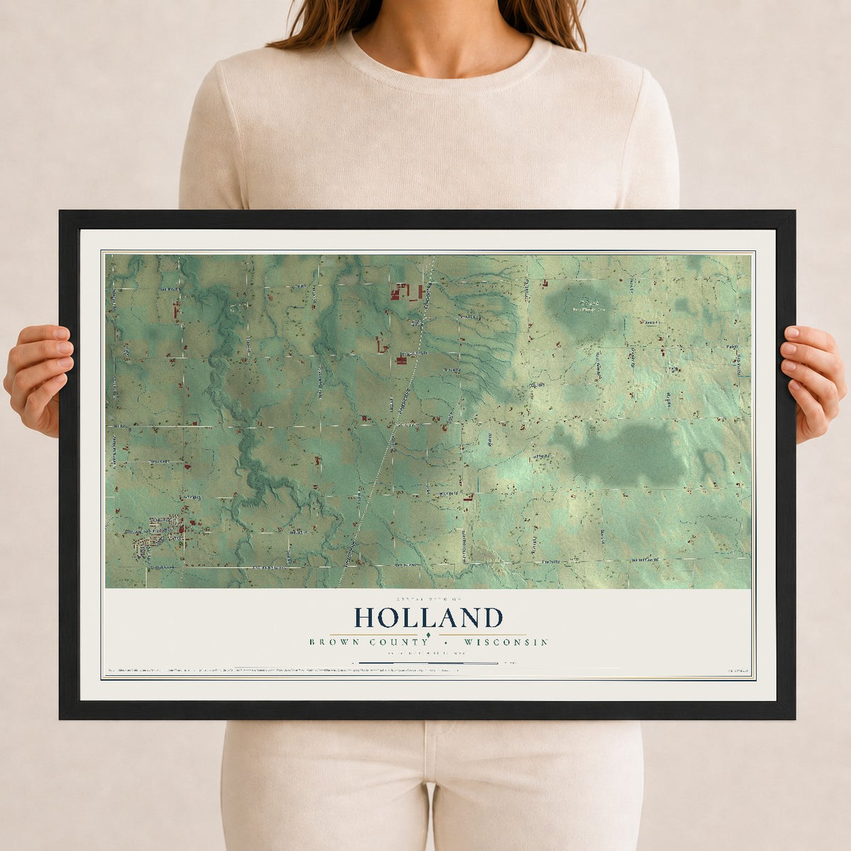 Map of Holland, Brown County, Wisconsin, 12 x 18 inch print in a black wood frame
