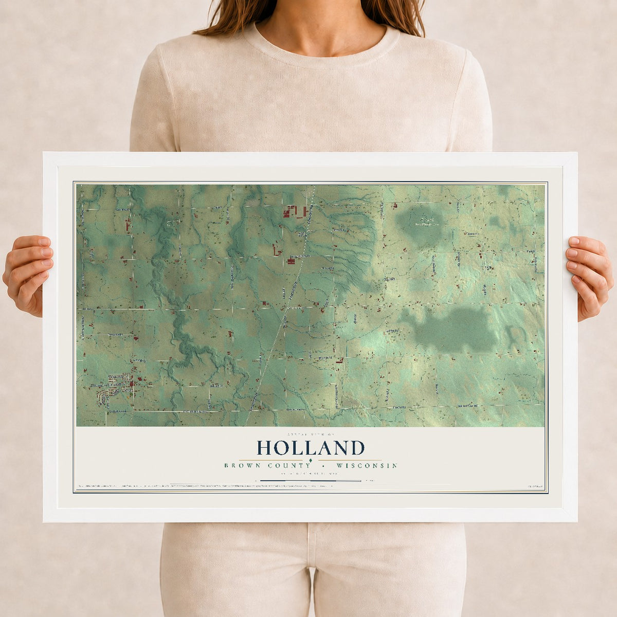 Map of Holland, Brown County, Wisconsin, 12 x 18 inch print in a white wood frame