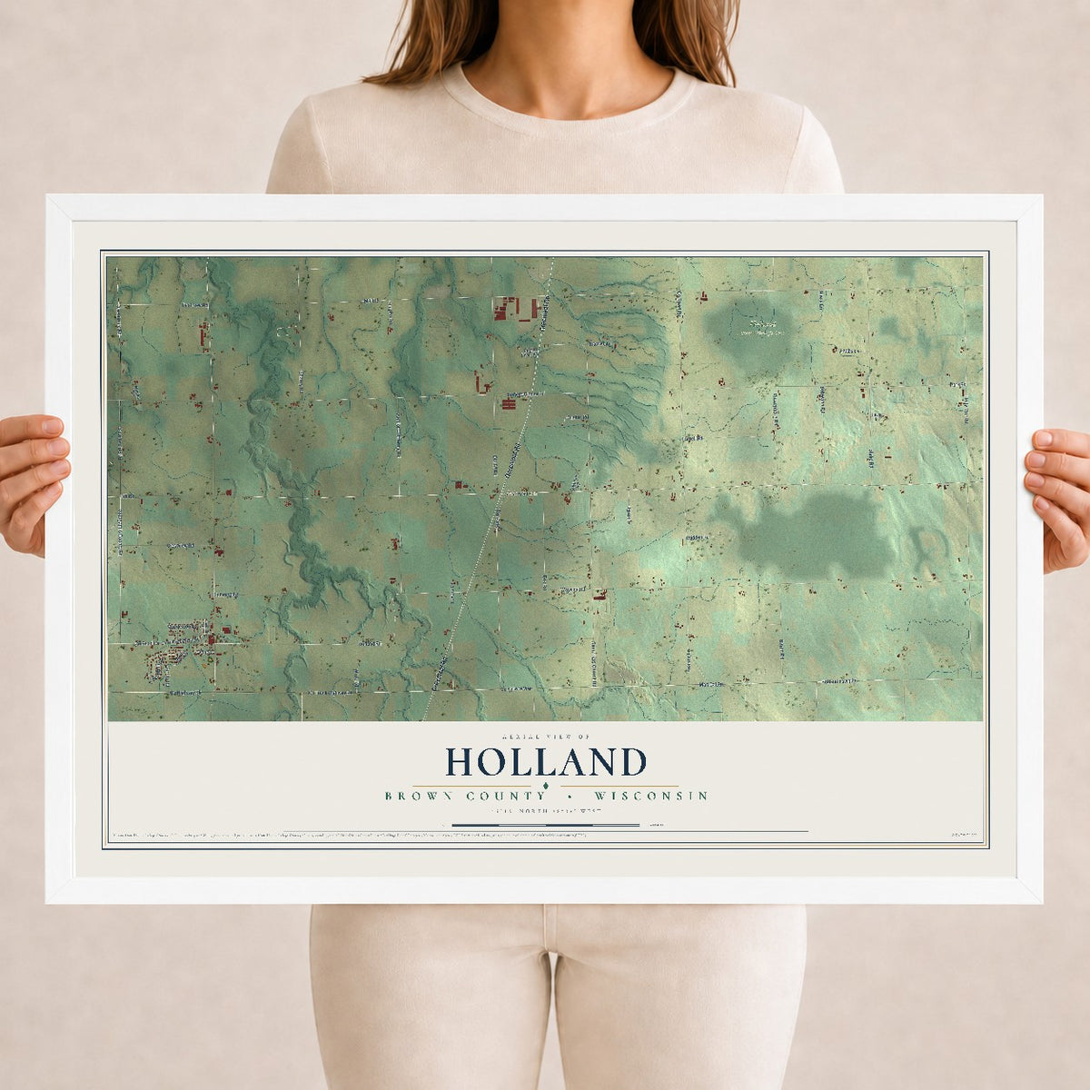 Map of Holland, Brown County, Wisconsin, 18 x 24 inch print in a white wood frame