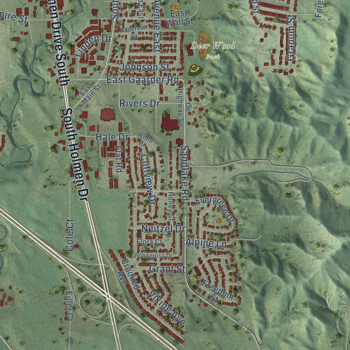 Close-up of the map of Holmen, Wisconsin print showing street and building detail