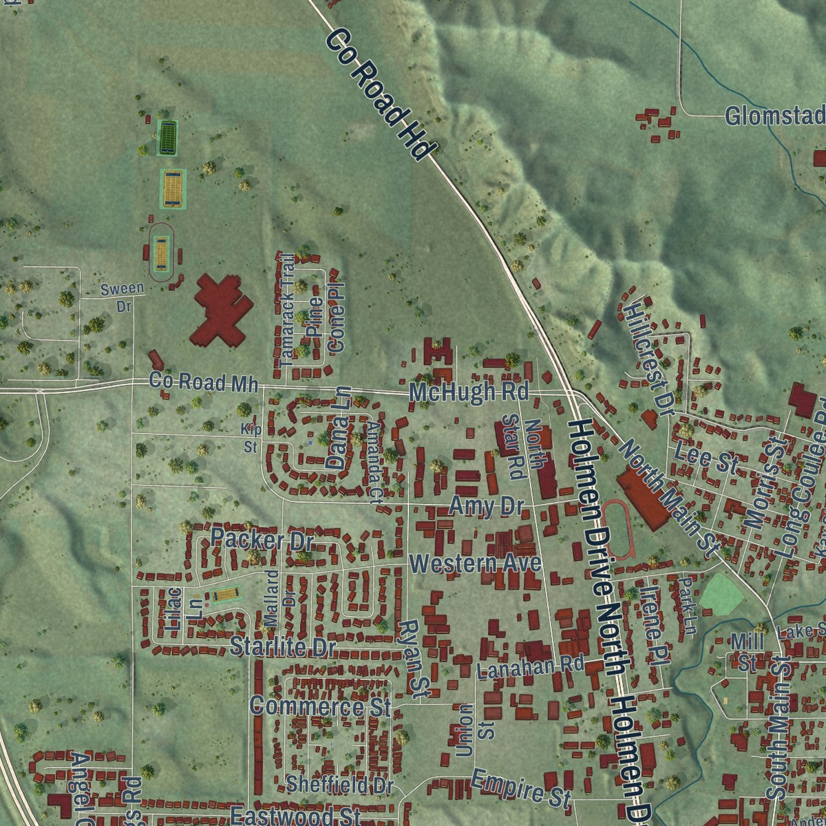 Second close-up of the map of Holmen, Wisconsin print showing more streets and buildings