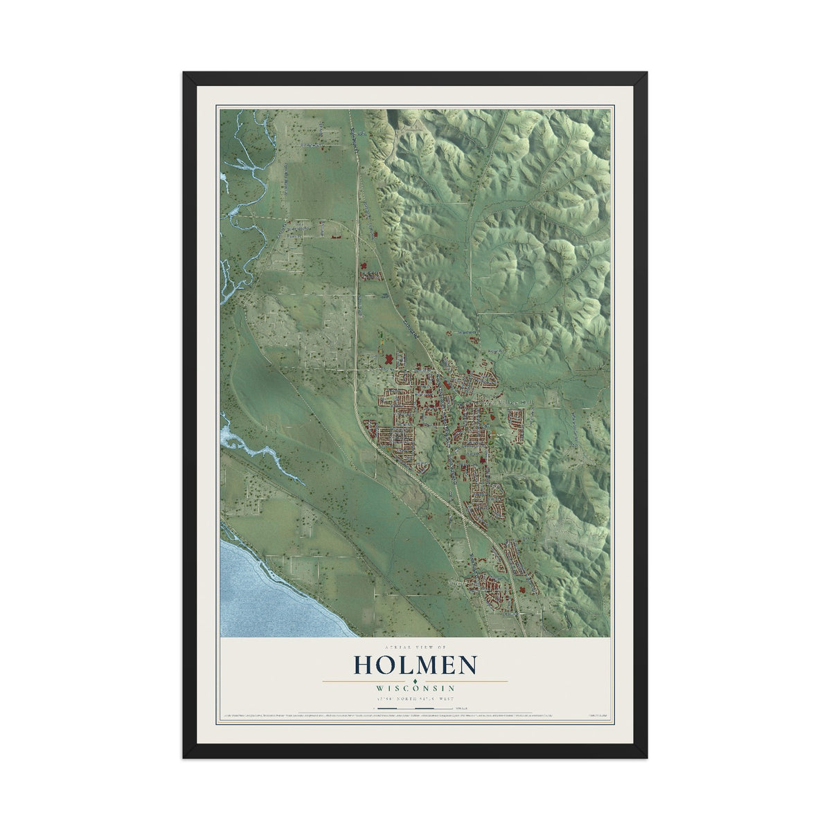 Map of Holmen, Wisconsin, 12 x 18 inch print in a black wood frame