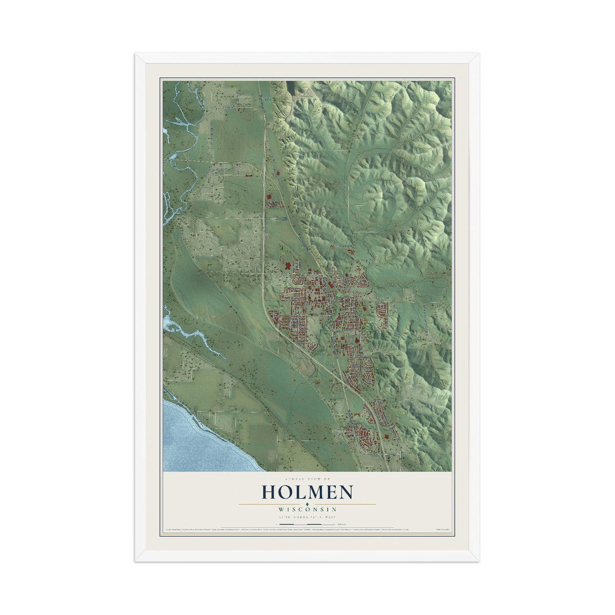 Map of Holmen, Wisconsin, 12 x 18 inch print in a white wood frame