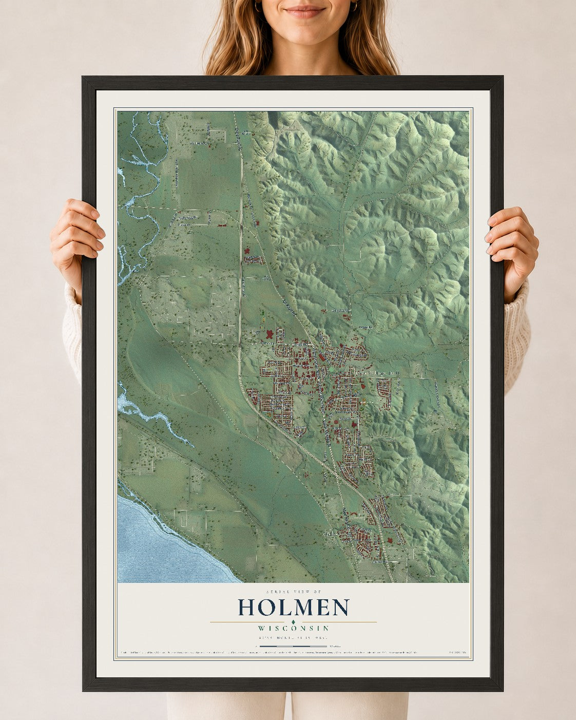 Map of Holmen, Wisconsin, 24 x 36 inch print in a black wood frame