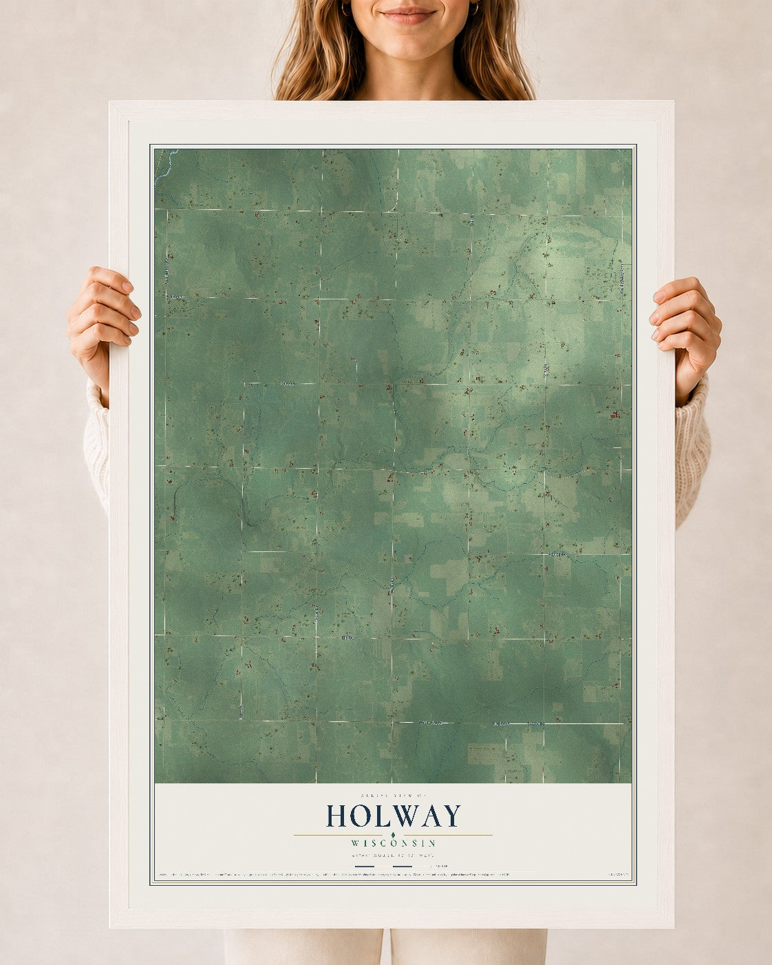 Map of Holway, Wisconsin, 24 x 36 inch print in a white wood frame