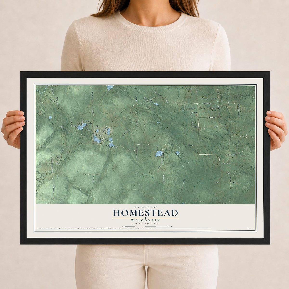 Map of Homestead, Wisconsin, 12 x 18 inch print in a black wood frame