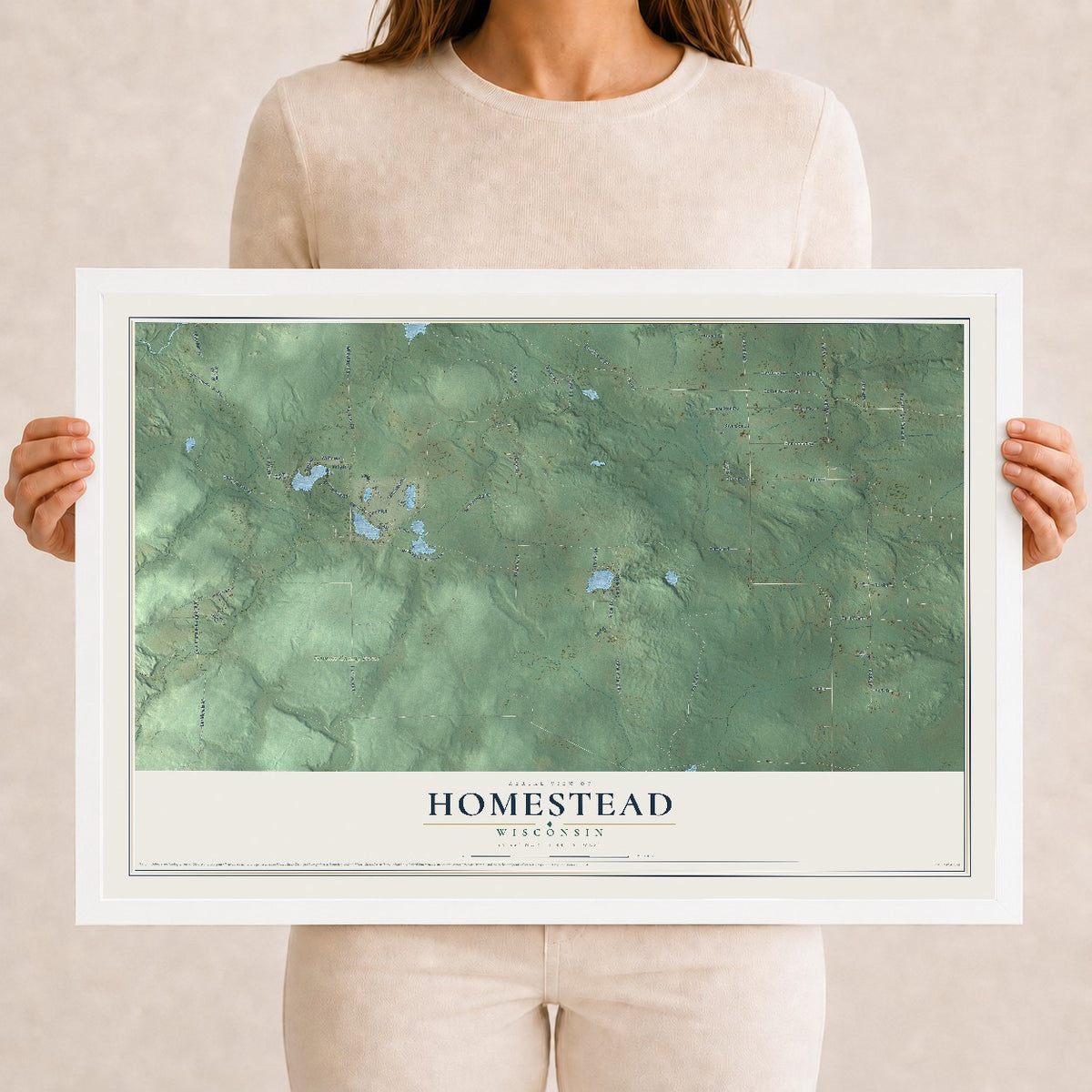 Map of Homestead, Wisconsin, 12 x 18 inch print in a white wood frame
