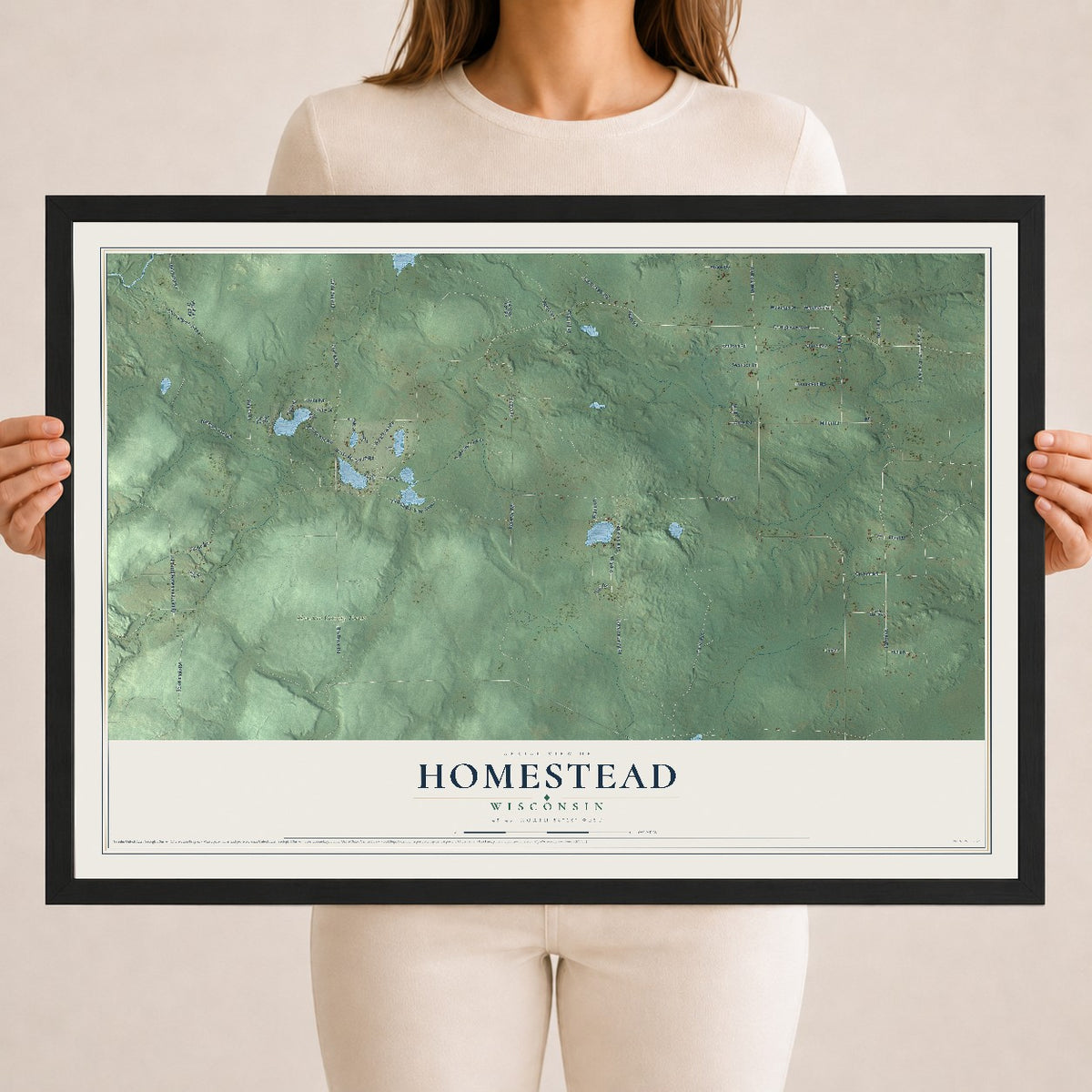 Map of Homestead, Wisconsin, 18 x 24 inch print in a black wood frame