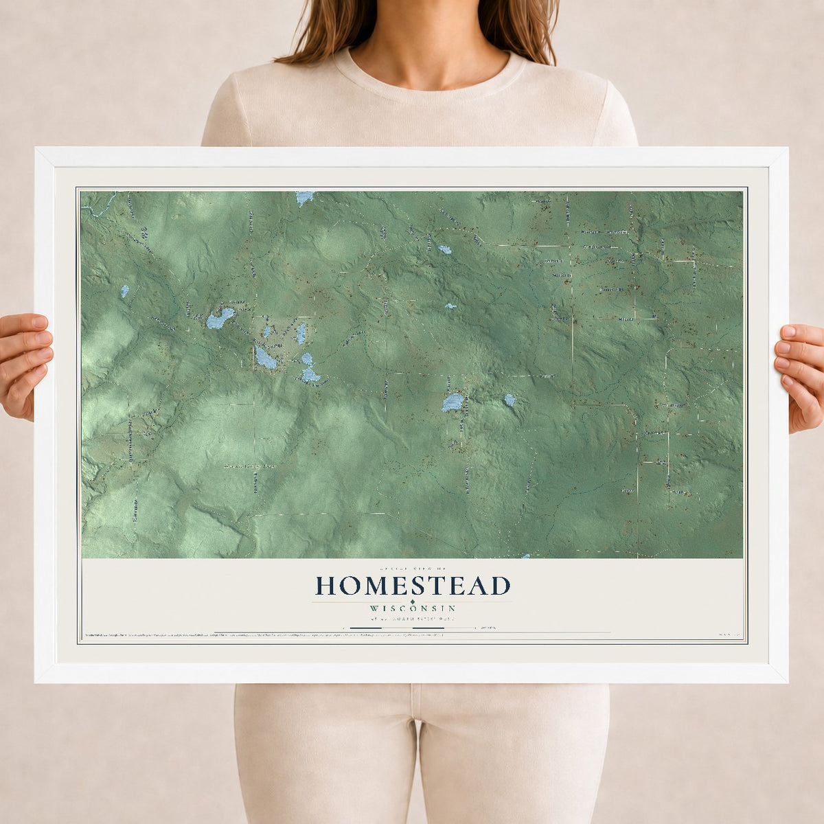 Map of Homestead, Wisconsin, 18 x 24 inch print in a white wood frame