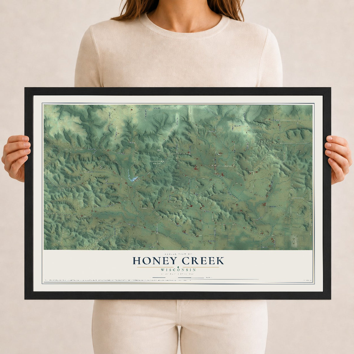 Map of Honey Creek, Wisconsin, 12 x 18 inch print in a black wood frame