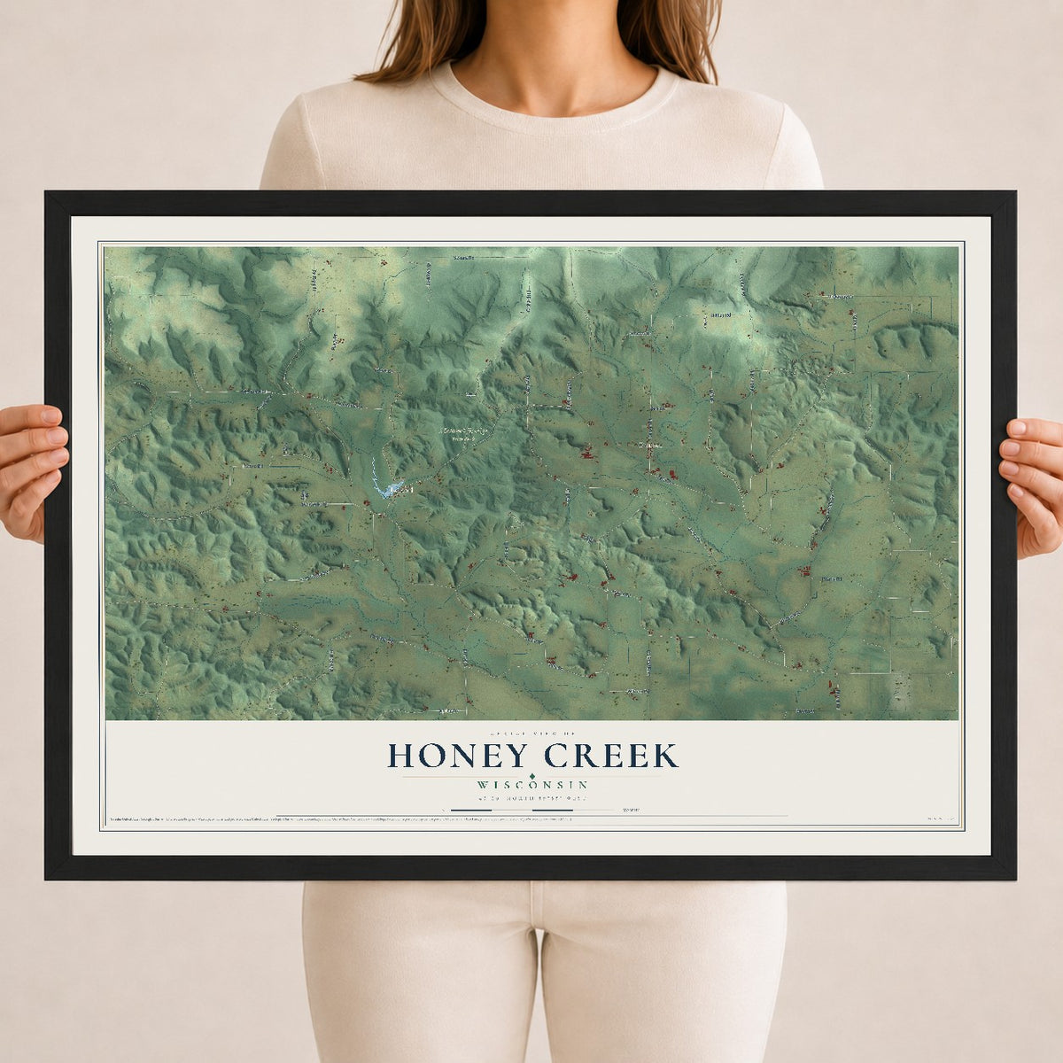 Map of Honey Creek, Wisconsin, 18 x 24 inch print in a black wood frame