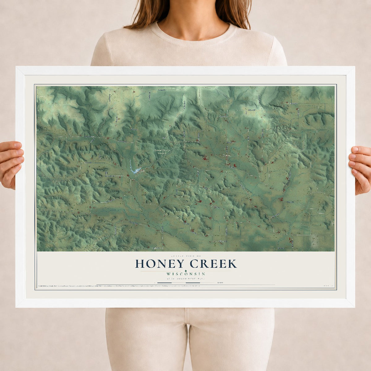 Map of Honey Creek, Wisconsin, 18 x 24 inch print in a white wood frame