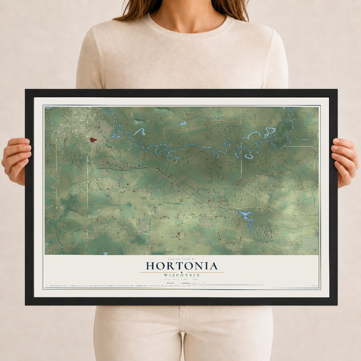Map of Hortonia, Wisconsin, 12 x 18 inch print in a black wood frame