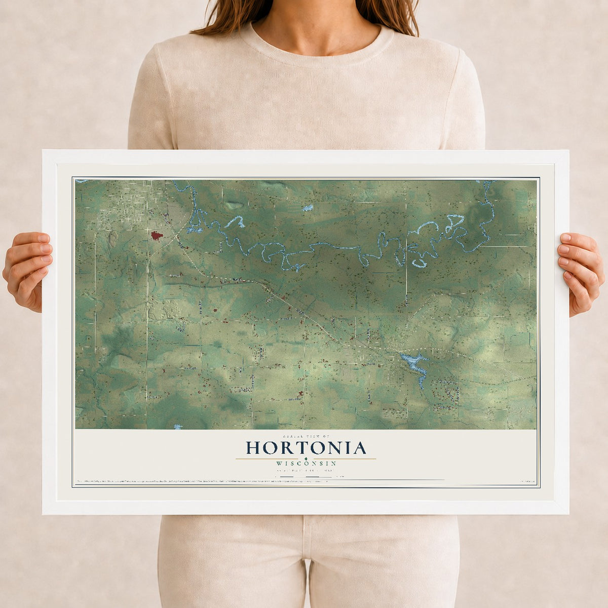 Map of Hortonia, Wisconsin, 12 x 18 inch print in a white wood frame
