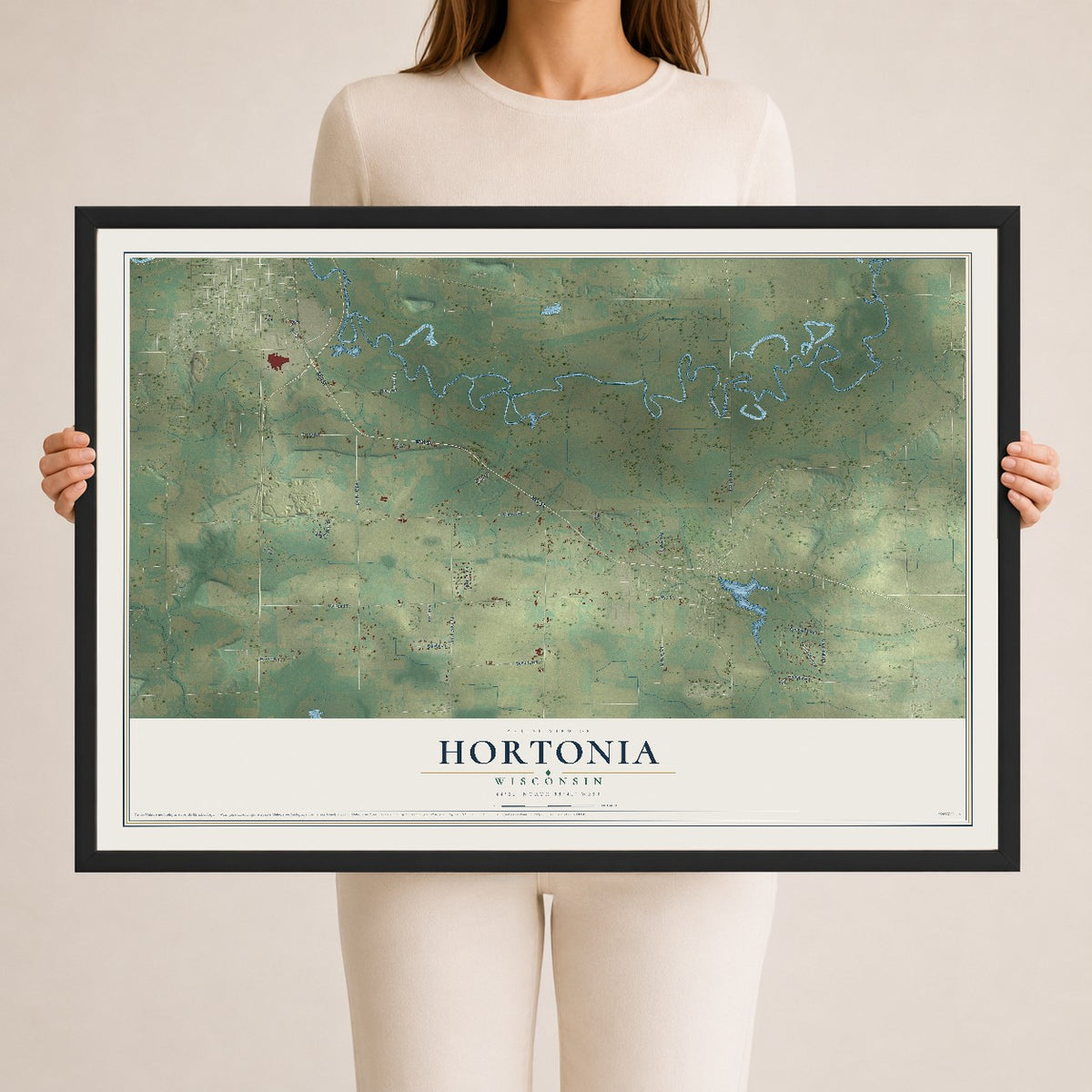 Map of Hortonia, Wisconsin, 24 x 36 inch print in a black wood frame