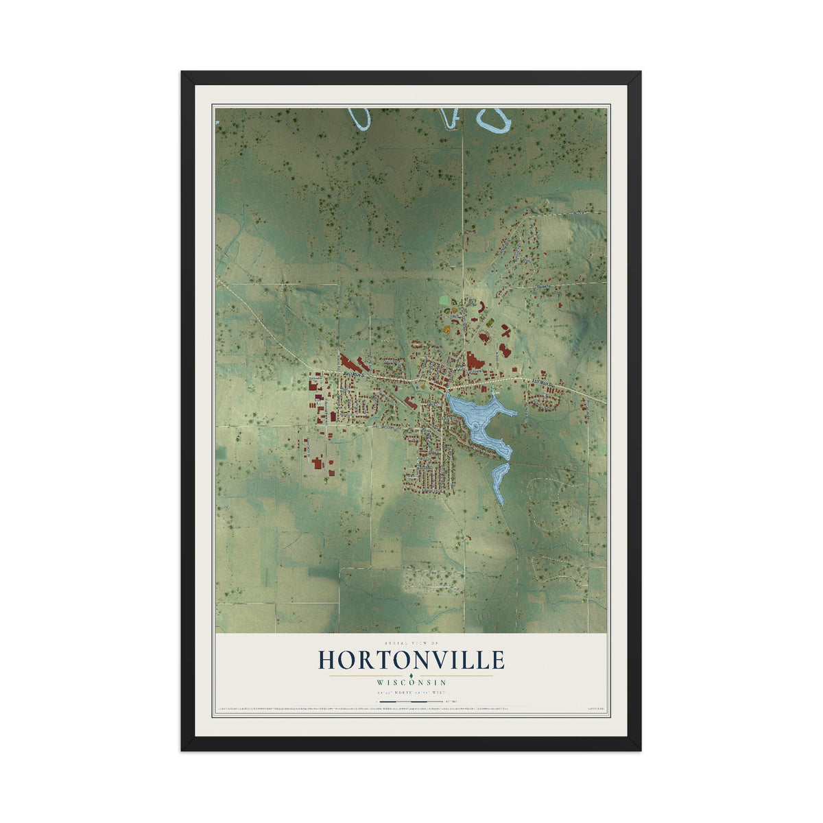 Map of Hortonville, Wisconsin, 12 x 18 inch print in a black wood frame
