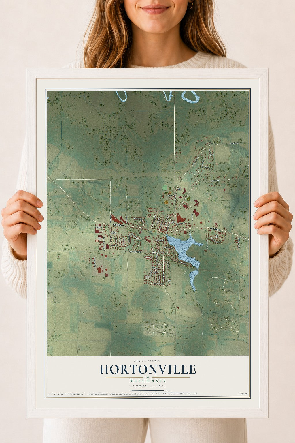 Map of Hortonville, Wisconsin, 18 x 24 inch print in a white wood frame