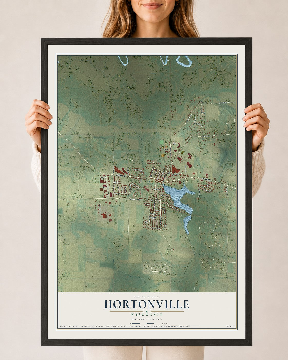 Map of Hortonville, Wisconsin, 24 x 36 inch print in a black wood frame