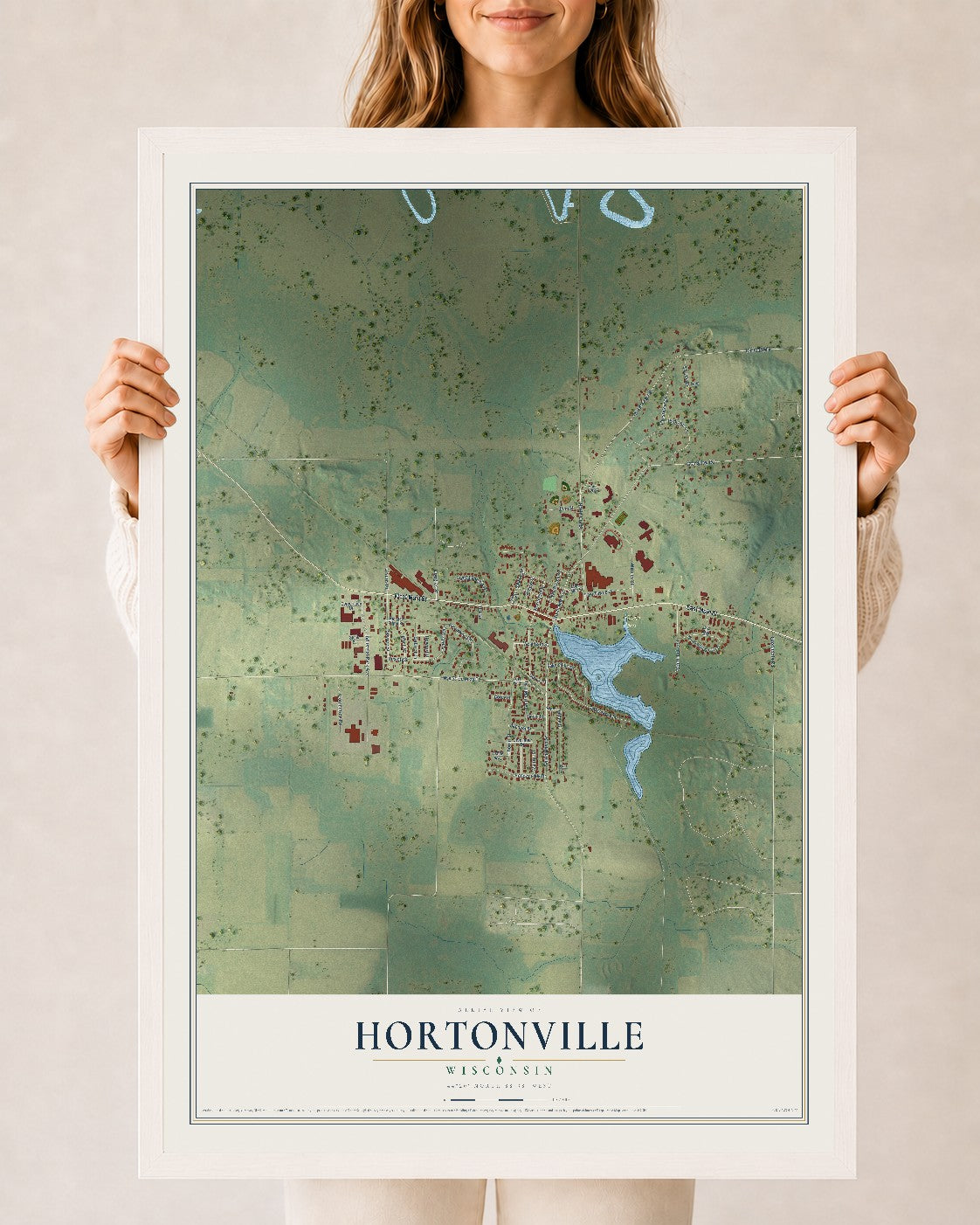 Map of Hortonville, Wisconsin, 24 x 36 inch print in a white wood frame