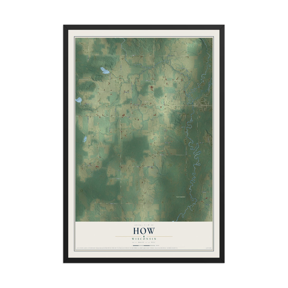 Map of How, Wisconsin, 12 x 18 inch print in a black wood frame