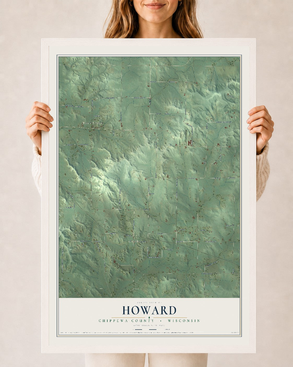 Map of Howard, Chippewa County, Wisconsin, 24 x 36 inch print in a white wood frame