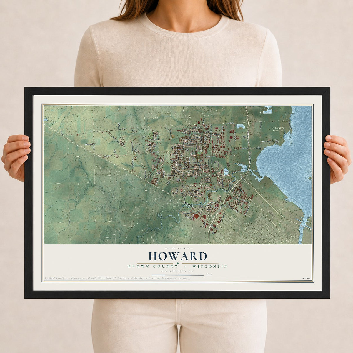 Map of Howard, Brown County, Wisconsin, 12 x 18 inch print in a black wood frame