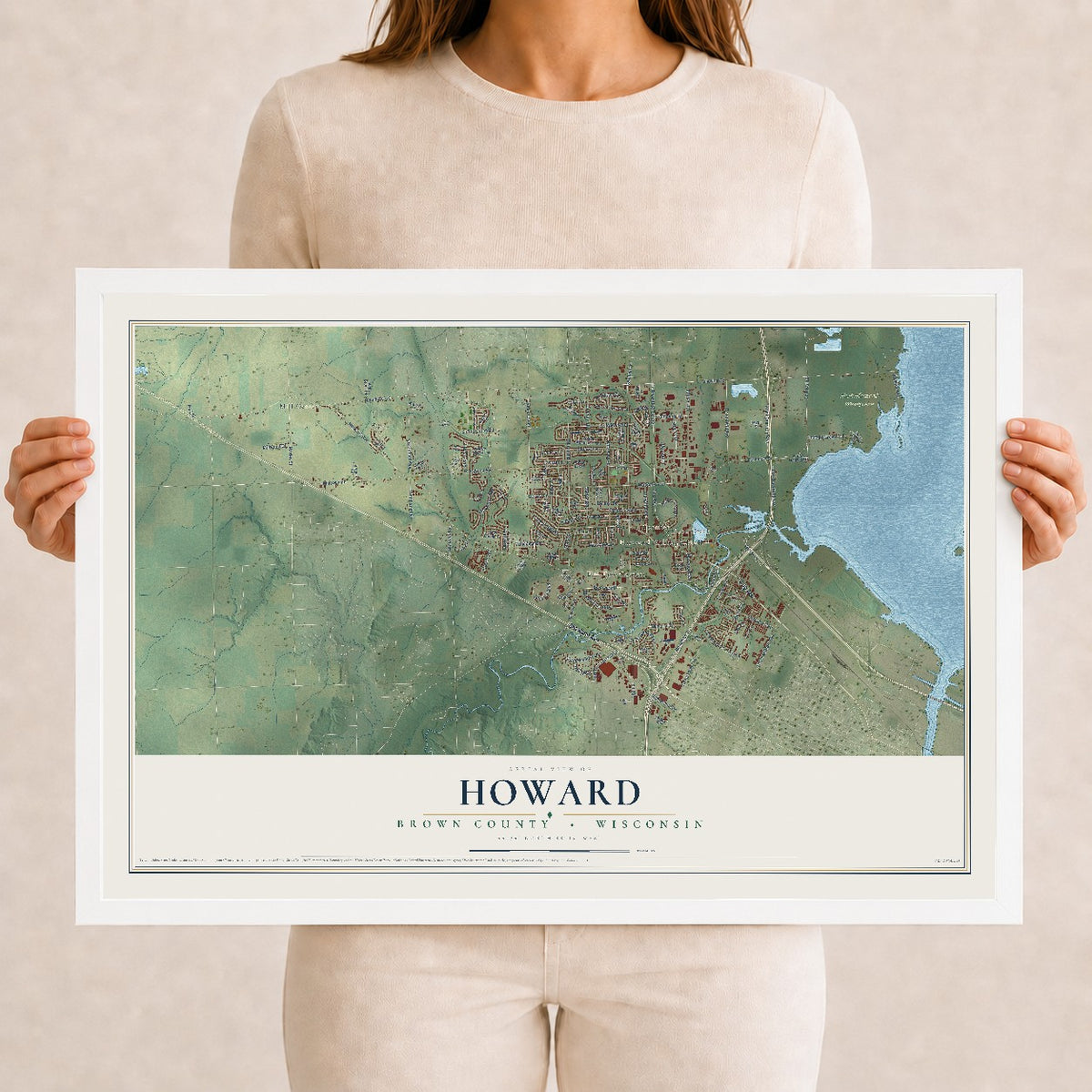 Map of Howard, Brown County, Wisconsin, 12 x 18 inch print in a white wood frame