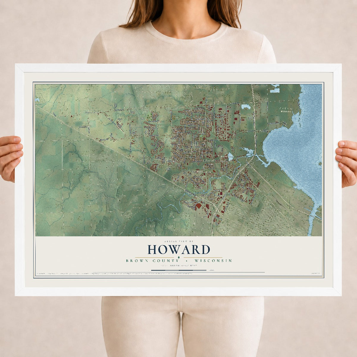 Map of Howard, Brown County, Wisconsin, 18 x 24 inch print in a white wood frame