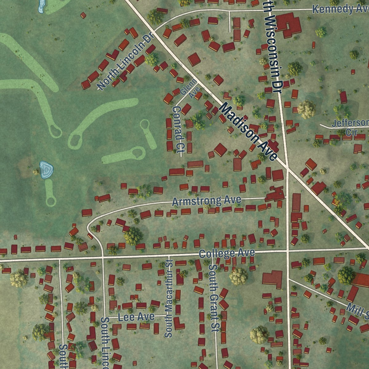 Close-up of the map of Howards Grove, Wisconsin print showing street and building detail