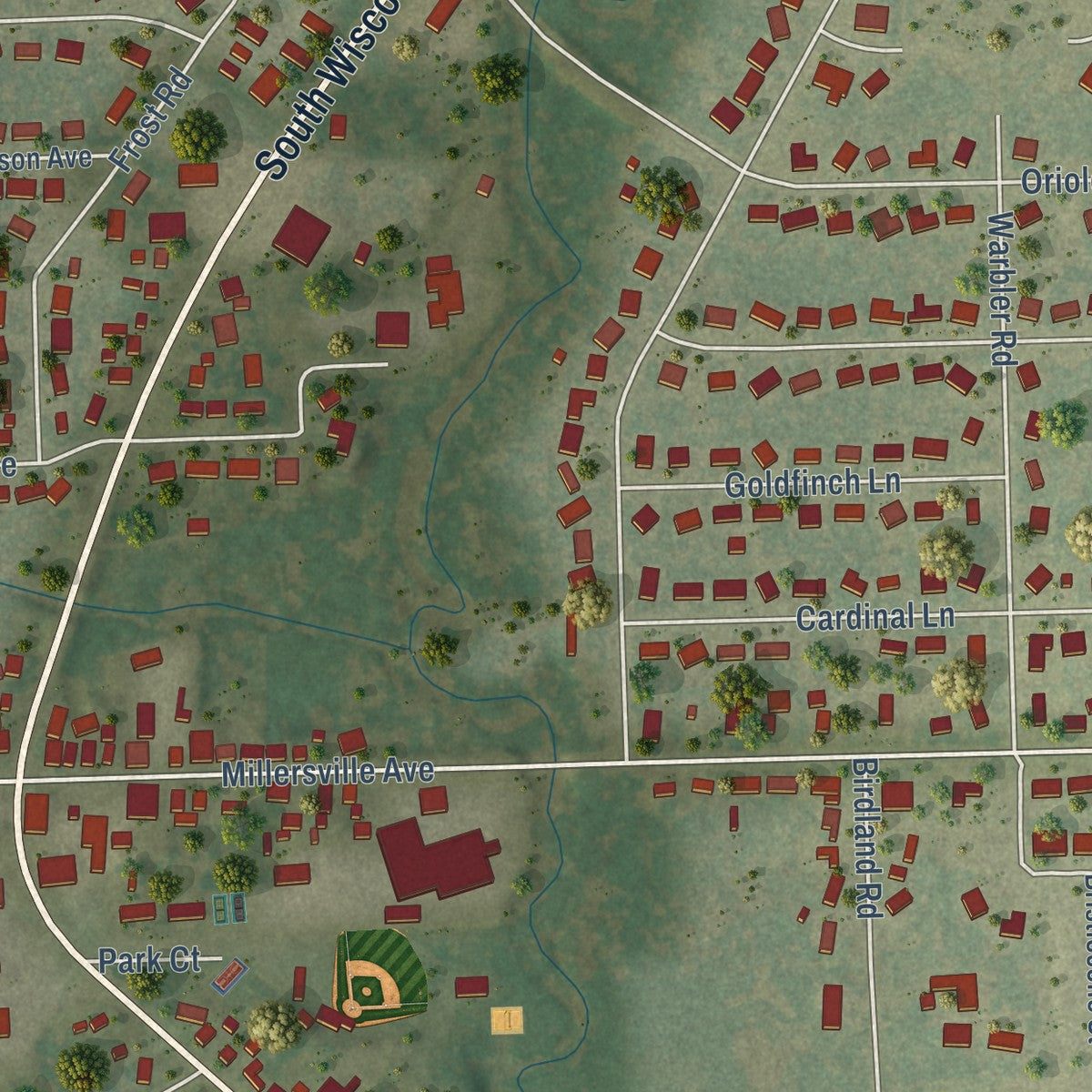Second close-up of the map of Howards Grove, Wisconsin print showing more streets and buildings