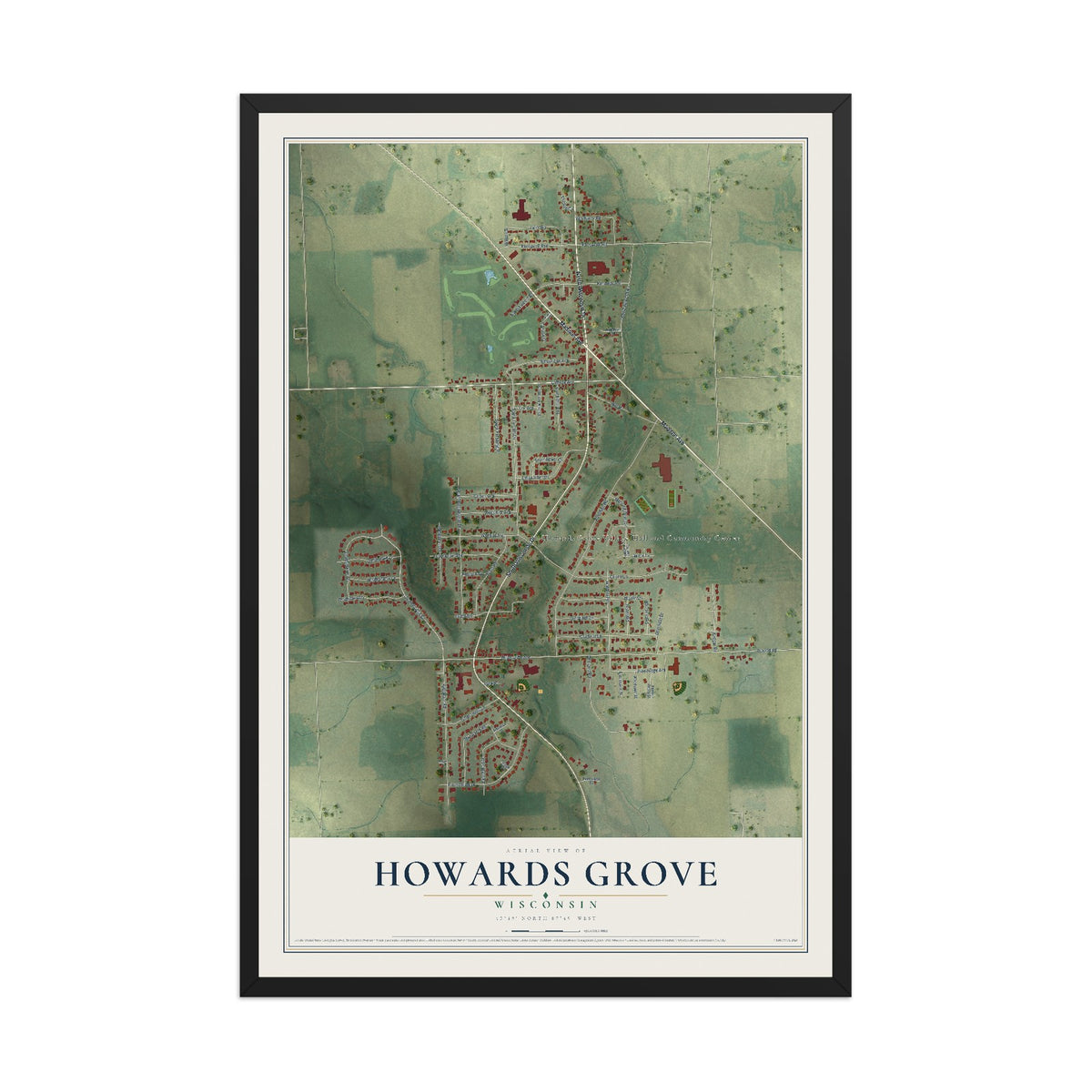 Map of Howards Grove, Wisconsin, 12 x 18 inch print in a black wood frame