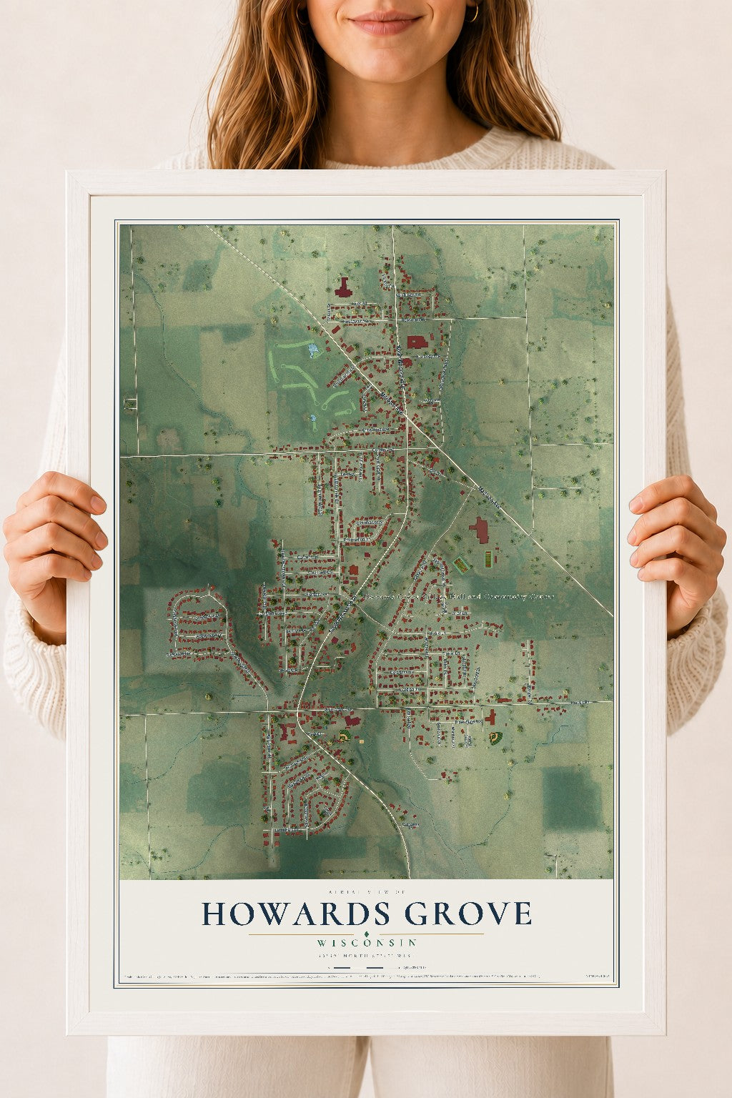 Map of Howards Grove, Wisconsin, 18 x 24 inch print in a white wood frame
