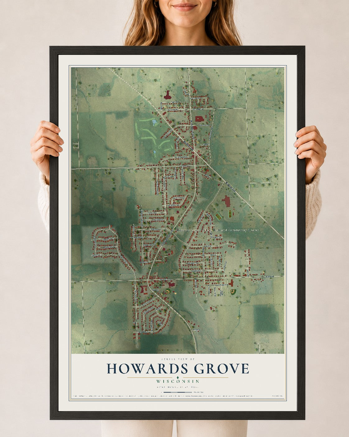Map of Howards Grove, Wisconsin, 24 x 36 inch print in a black wood frame