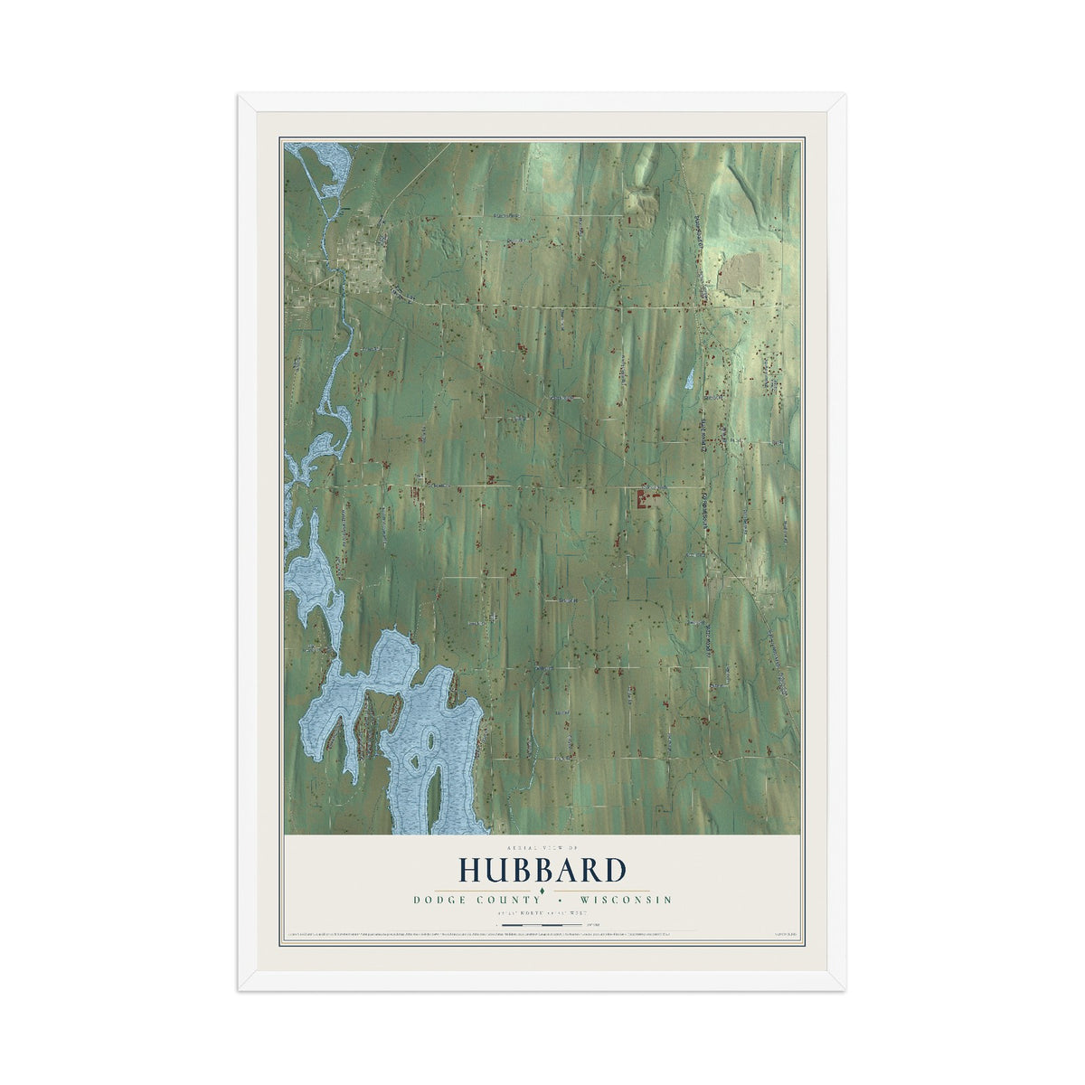 Map of Hubbard, Dodge County, Wisconsin, 12 x 18 inch print in a white wood frame
